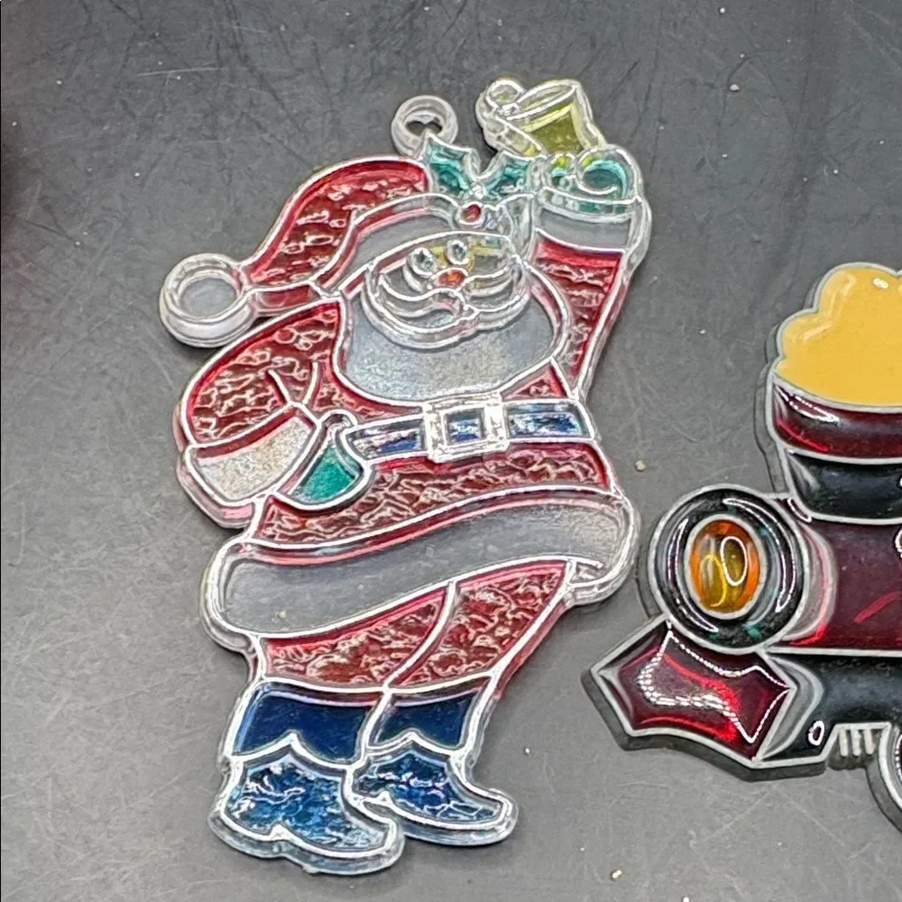Vintage Plastic Stained Glass Santa and Train Christmas Ornaments